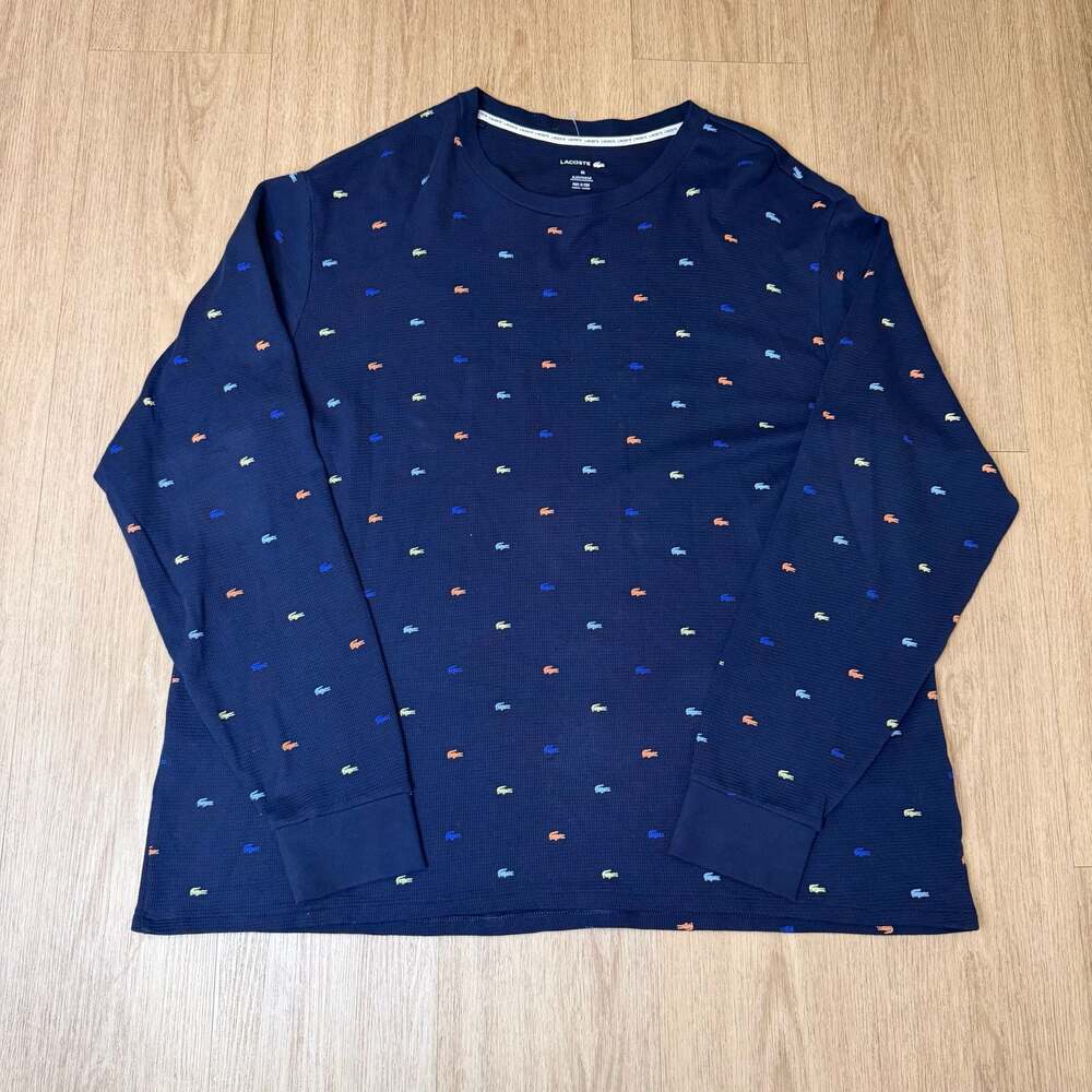 Lacoste XXL Sleepwear Waffle Knit Thermal Long Sleeve Shirt All Over Logo
